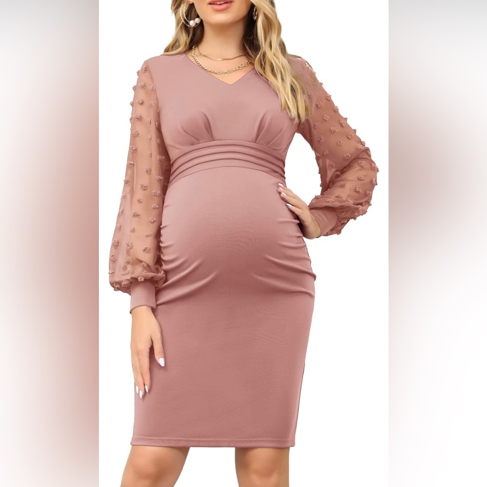 Maternity bodycon dress sheer sleeve v-neck dress S